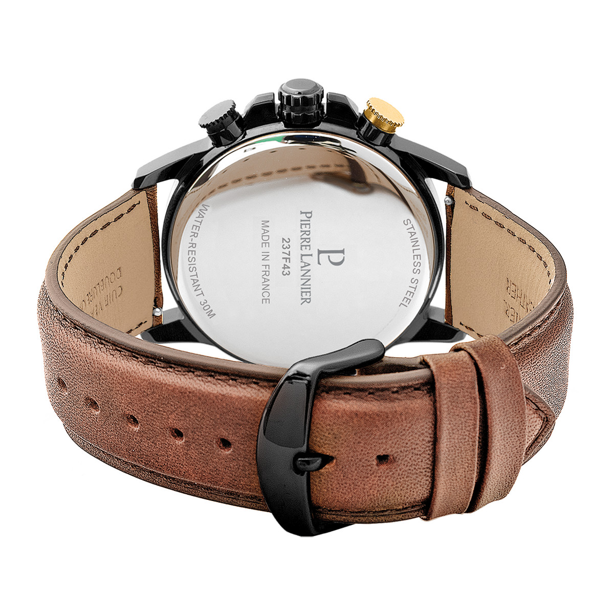Montre PIERRE LANNIER Sentinelle homme chronographe acier noir  bracelet cuir brun