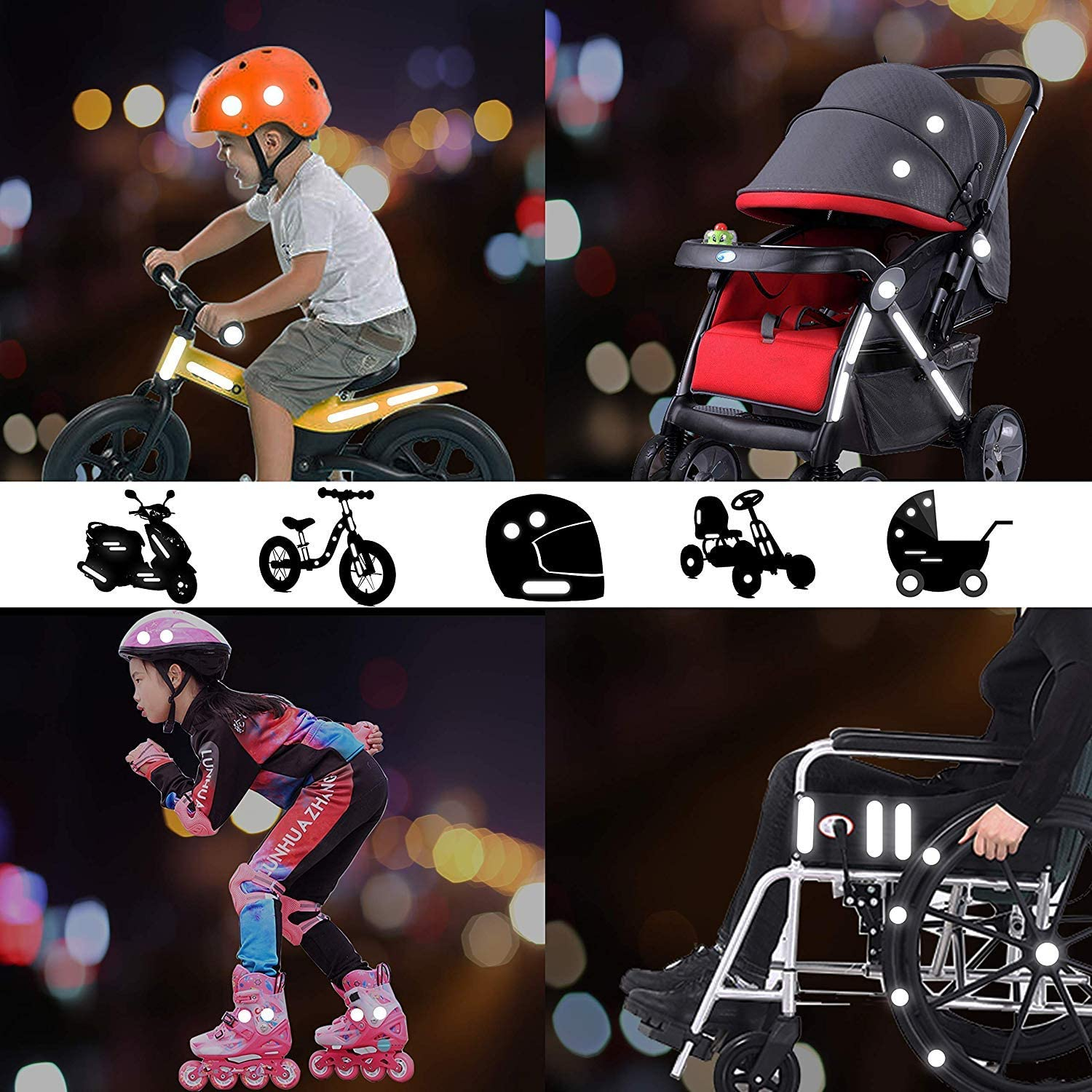(42er Set) Reflektierende Sticker Reflektor Aufkleber für Koffer / Fahrrad / Skateboard / Helm / Schulranzen - Neon Gelb