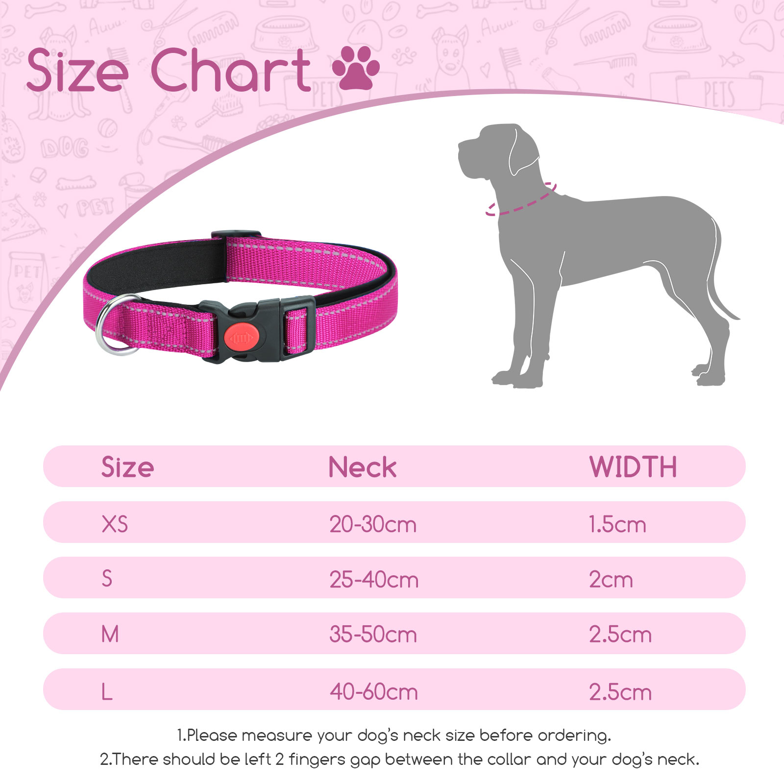 Nobleza - 2 coleiras para cães, coleira de nylon macia e acolchoada com detalhes refletivos, coleira ajustável para cães grandes com trava de segurança, coleiras para treinamento de cães (G, rosa)
