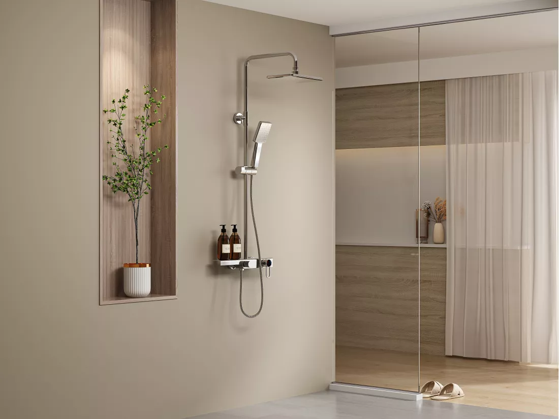 Colonne de douche en acier inoxydable avec tablette - Brush nickel - Hauteur réglable - JIZEO