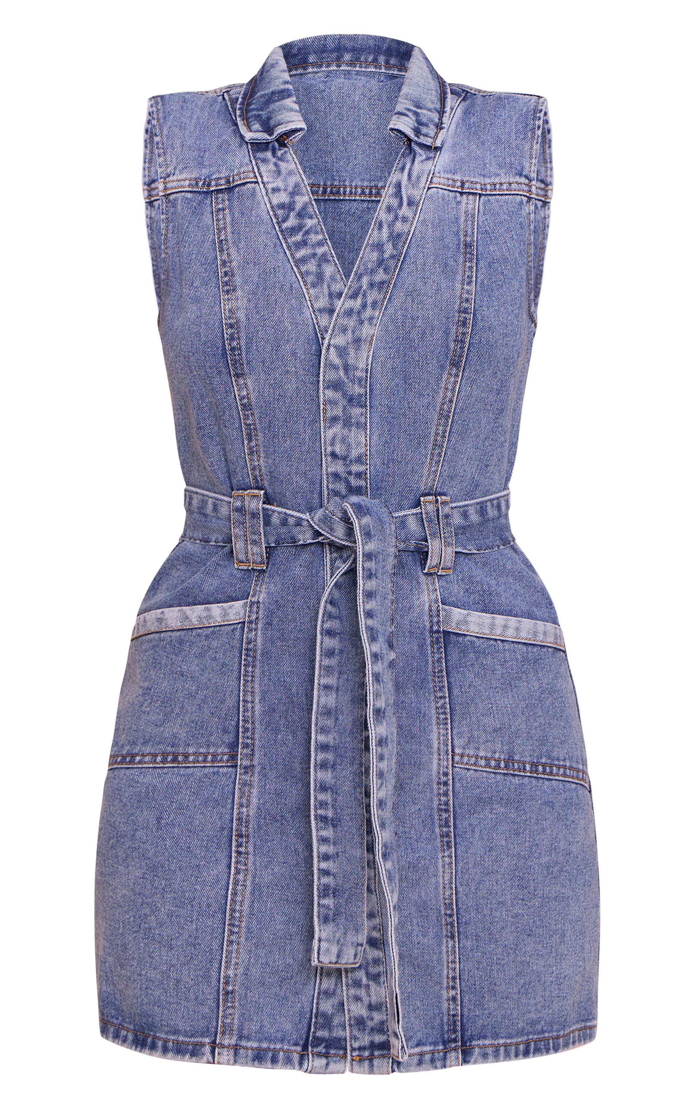 Bleu Clair Robe En Jean Utilitaire Avec Ceinture À Nouer