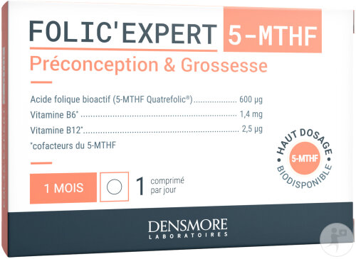 Laboratoire Densmore Folic'Expert 5-MTHF Préconception & Grossesse Cure 1 Mois 30 Comprimés