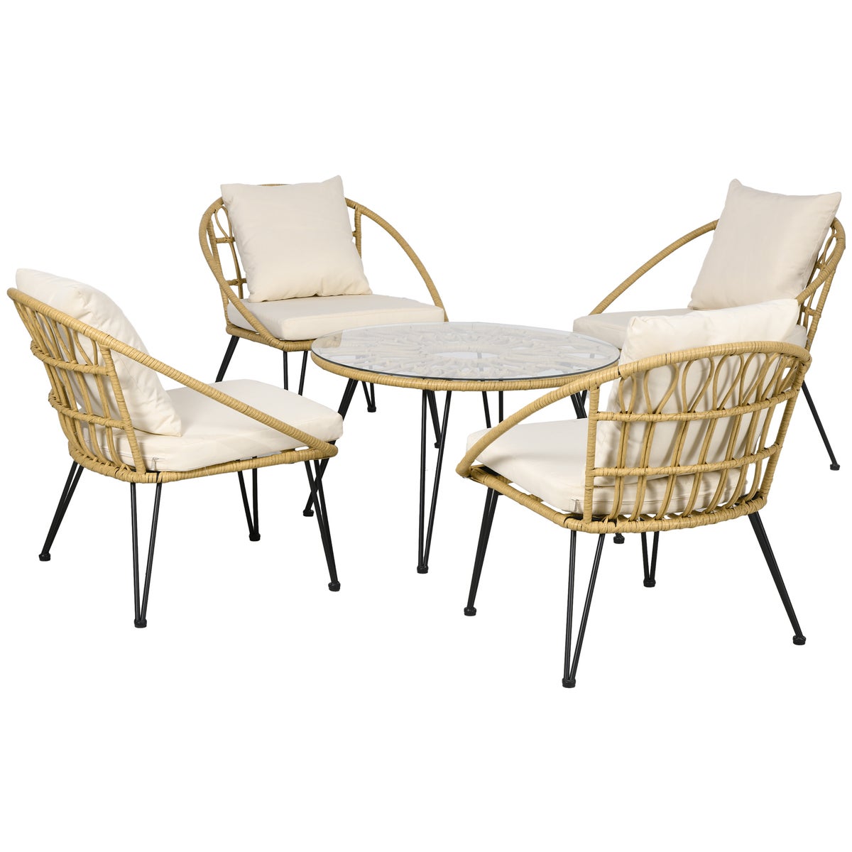 Outsunny 5-delige rotan zitgroep, tuinmeubelset, 1 eettafel, 4 stoelen, met zitkussens, voor balkon, terras, 82L x 82B x 50H cm, polyester, beige