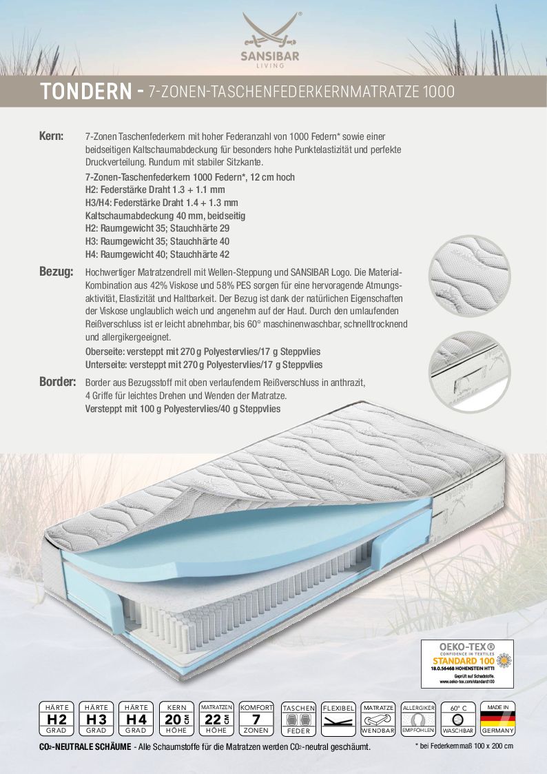 Taschenfederkernmatratze SANSIBAR TONDERN 80X200cm H2