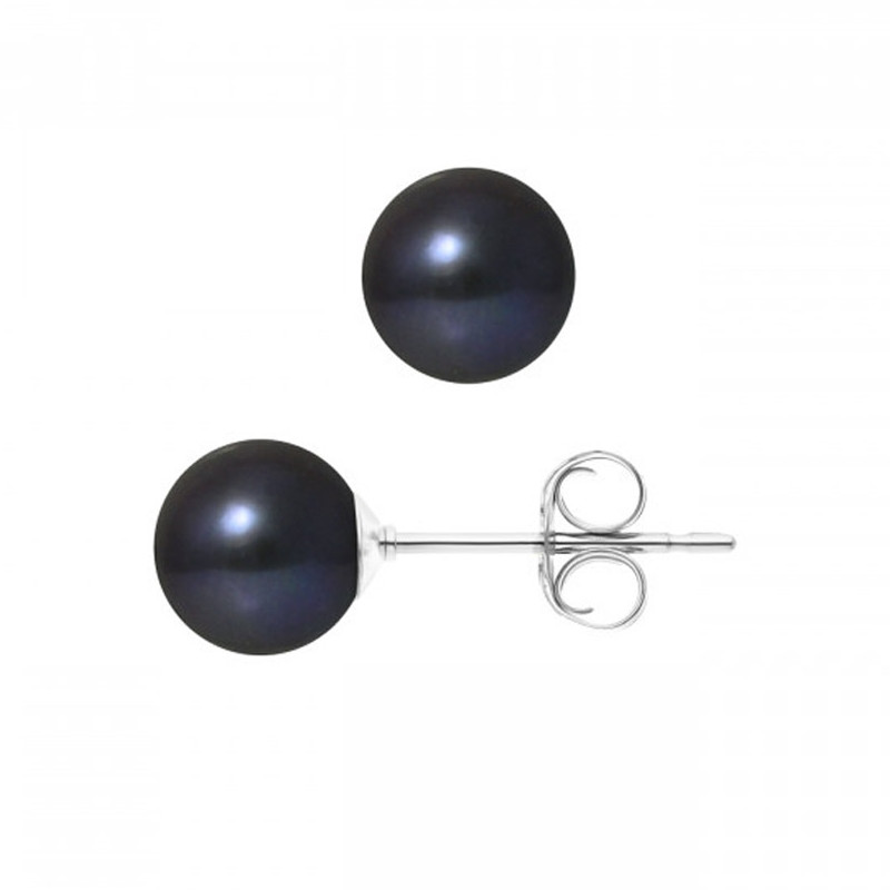 Boucles d'Oreilles Perles de Culture d'eau douce Noires 7.5 mm et or Blanc 750/1000