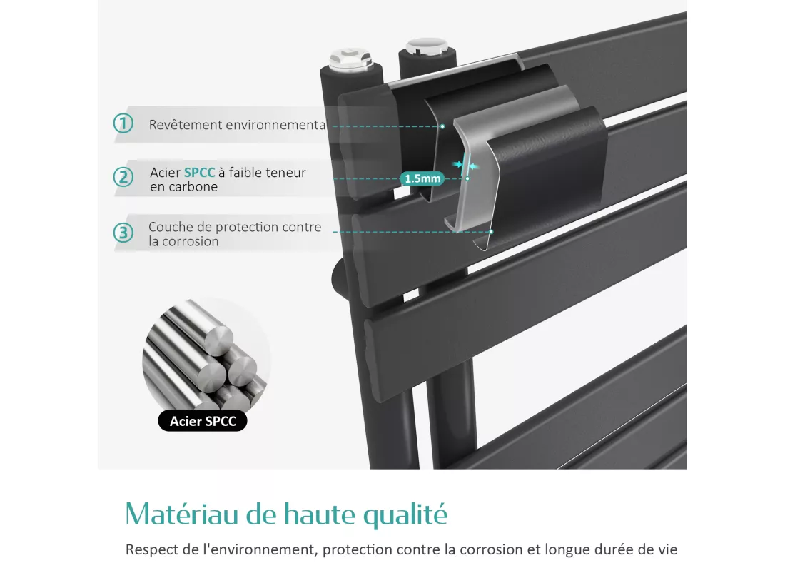 EMKE Sèche-serviettes à Eau Chaude Panneau Plat, Sèche-serviettes connexion latérale pour, Anthracite 1320x600mm 798Watts