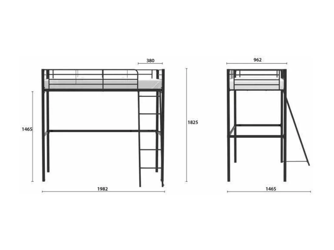 Lit mezzanine enfant ELIOT en métal noir 90 x 190 cm avec sommier inclus