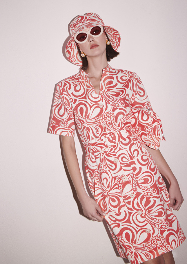 Robe Rosemarineécrue à motif graphique corail en coton