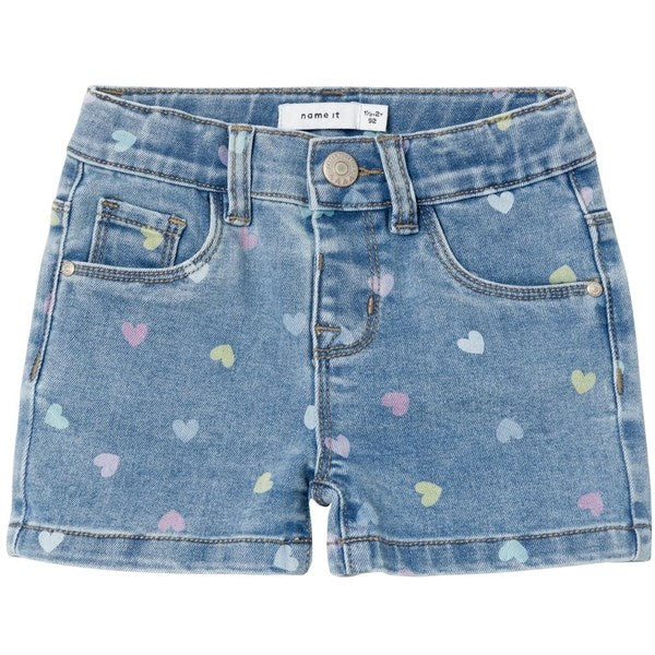 Køb Name it Medium Blue Denim Hearts Salli Slim Denim Shorts Noos | Luksusbaby