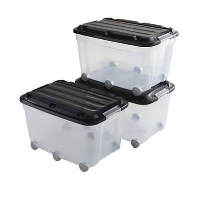 3 bacs de rangements à roulettes avec couvercle plastique Klipso 60L transparent/noir