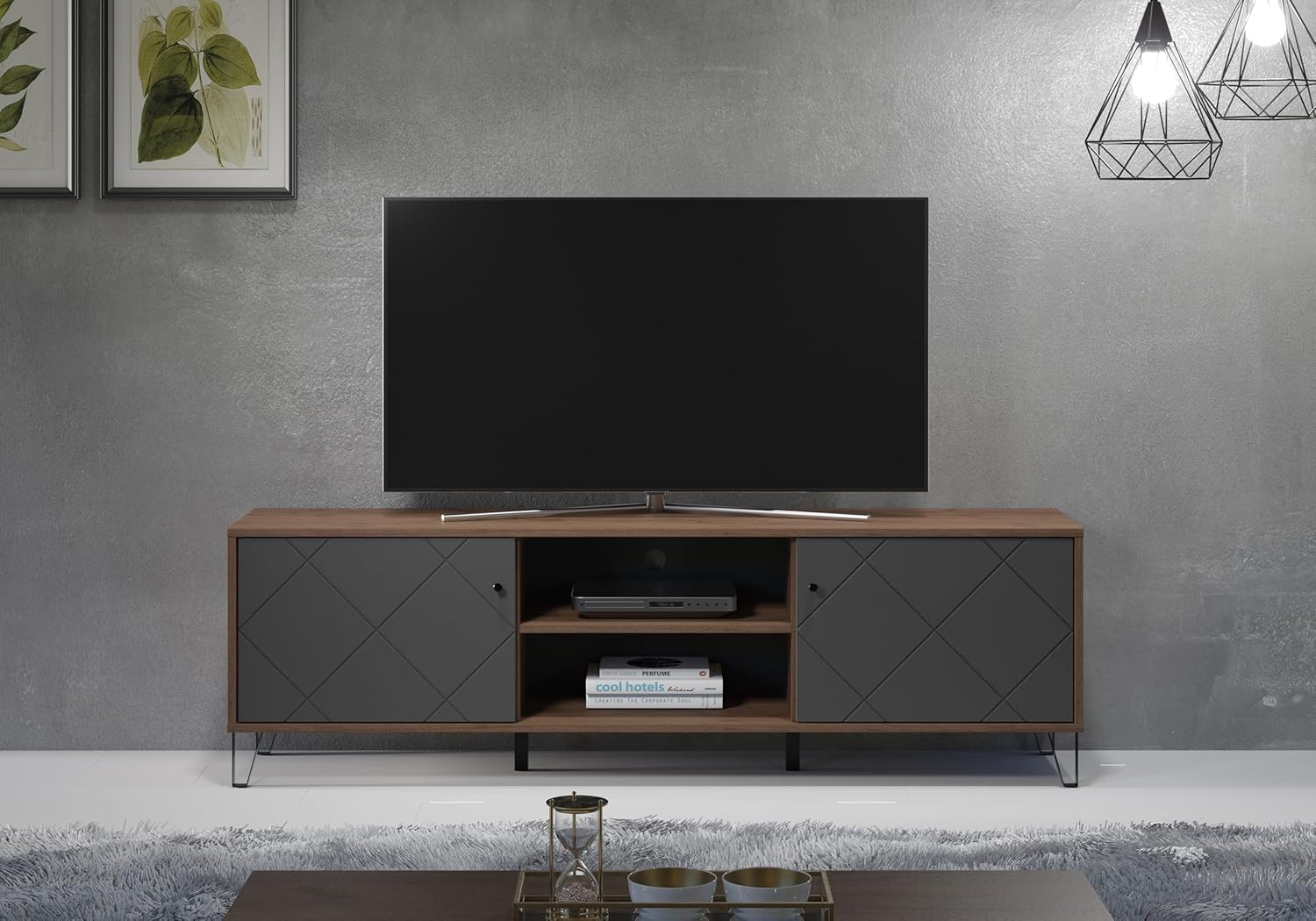 trendteam smart living - Montez - TV-Schrank - Grau/Eiche - TV-Unterschrank mit 2 Türen (für TV bis 65'') und 2 offenen Fächern - (BxHxT) 183 x 56 x 40 cm - Türfront mit Rautenoptik, Soft-Close