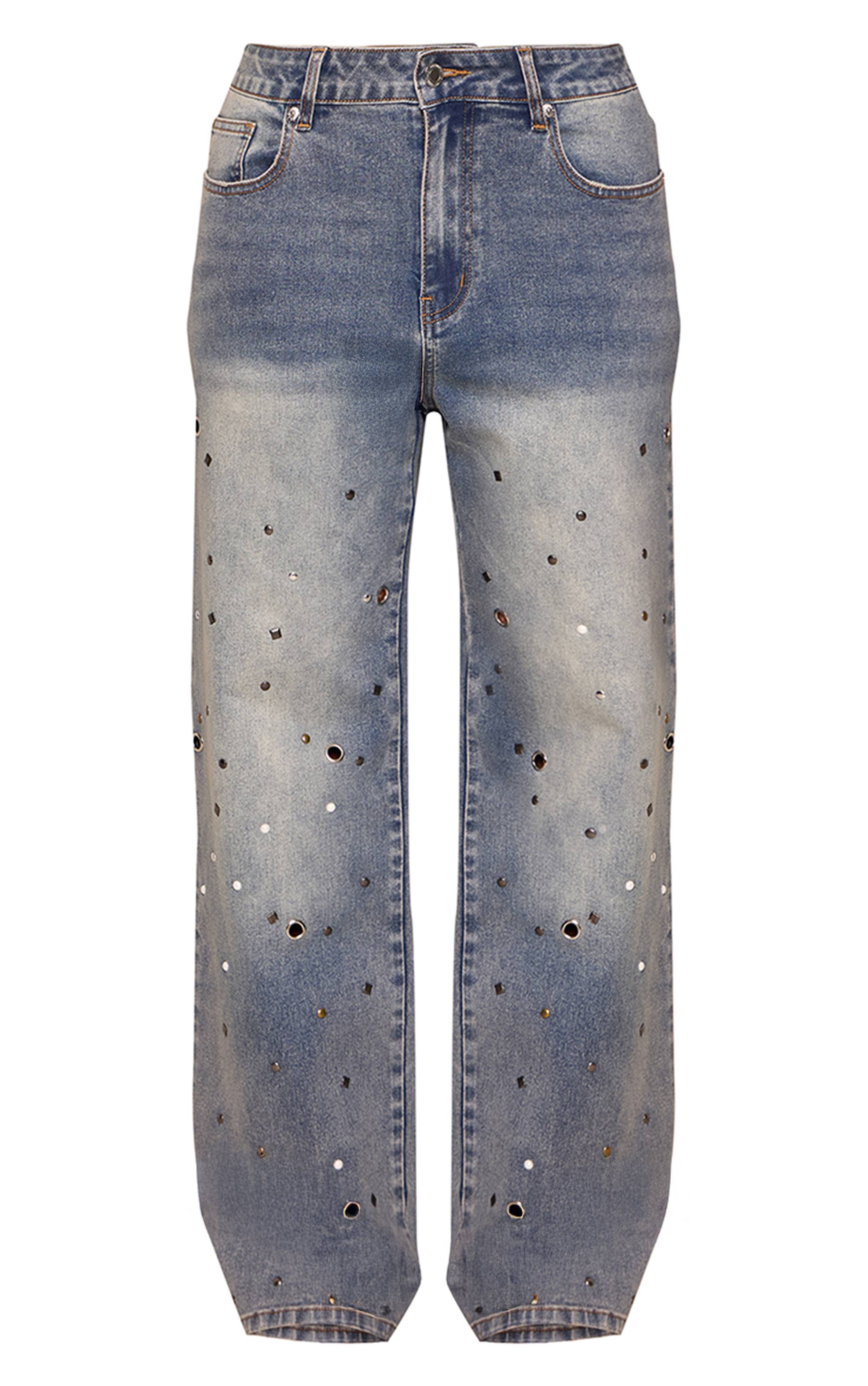 Bleu Jean Droit À Détails Cloutés Vintage Shape