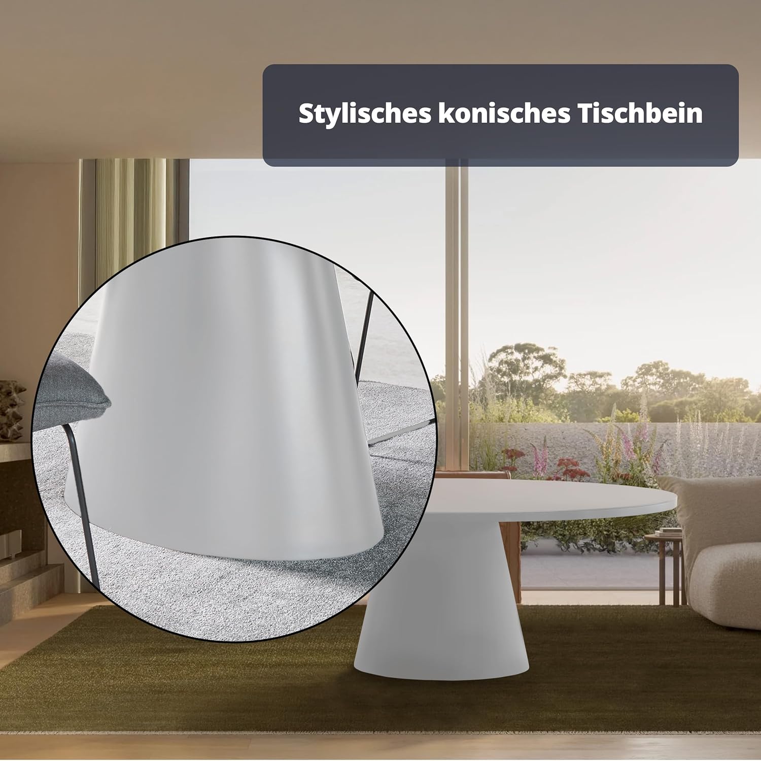 KHG Esstisch Oval 200x100 cm, Weiß mit Glasplatte, Platz für 8 Personen, bis 100 kg belastbar - Minimalistisches Design, konisches Tischgestell, modern & pflegeleicht