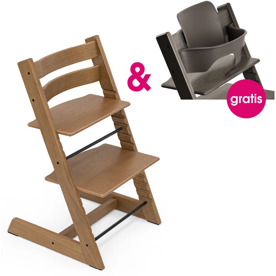 STOKKE® Tripp Trapp® Hochstuhl Oak braun + gratis Baby Set Hazy Grey