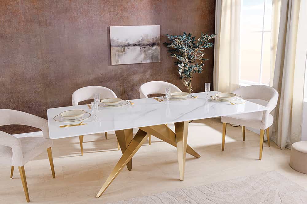 Design Esstisch ART LIVING 200cm weiß Marmor Keramik Metall brushed champagner gold