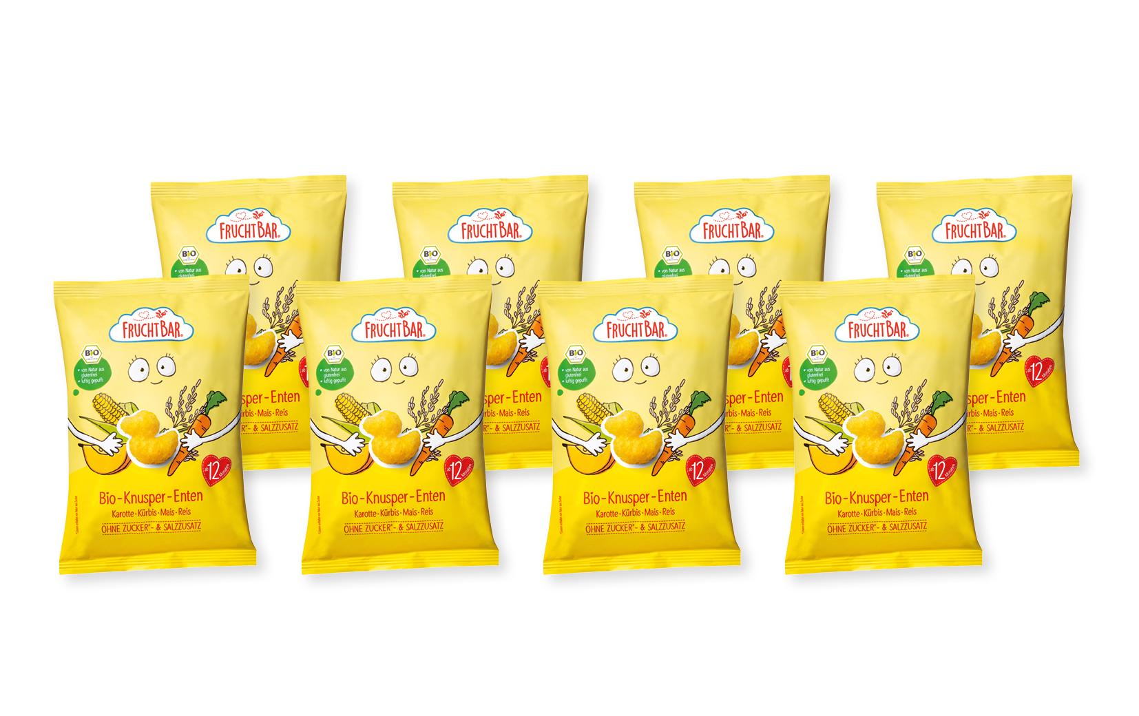 Knabberspass Knusper Enten 8 x 30gGepuffter Snack mit Karotte, Kürbis, Mais und Reis