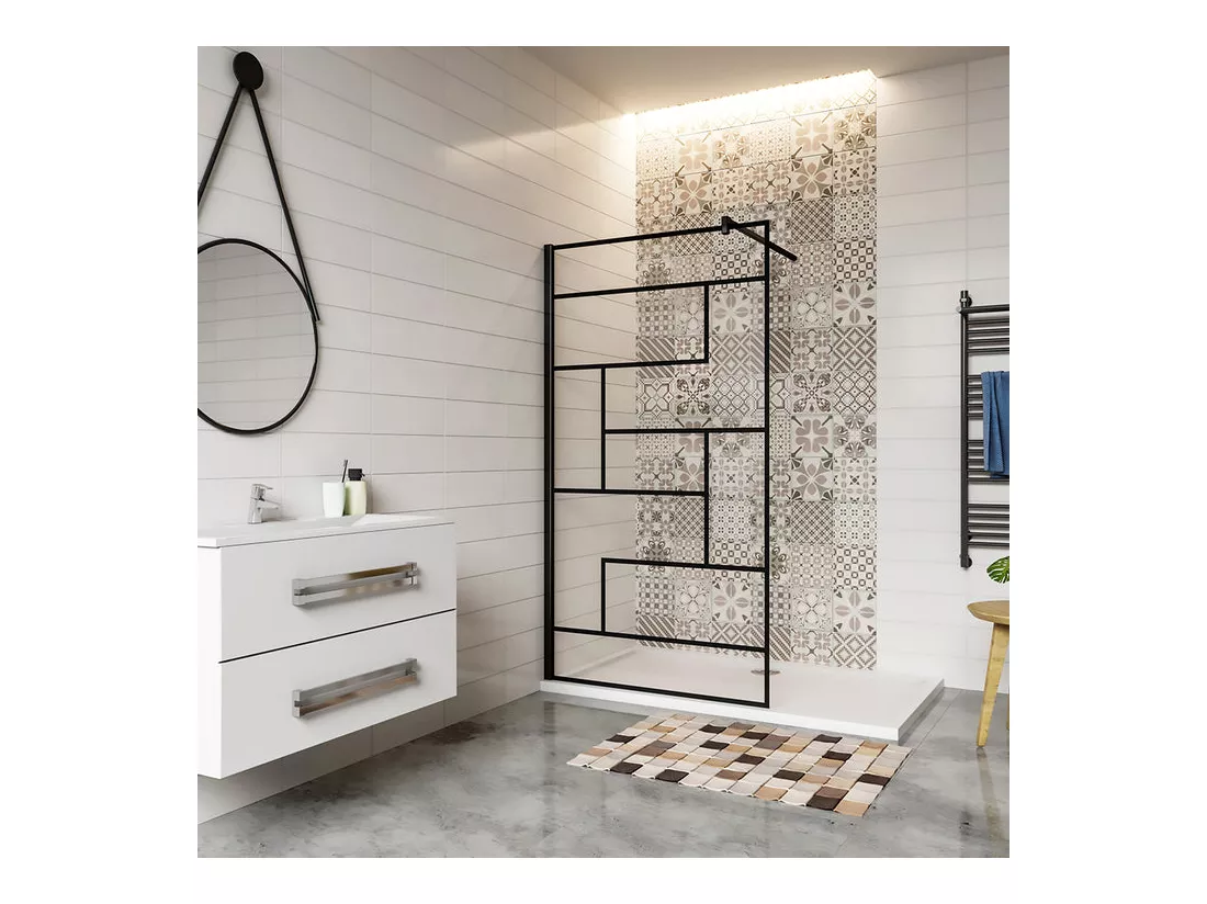 Paroi de douche 120x200cm fixe à l'italienne avec barre de fixation noire carrée 90cm, en 8mm verre anticalcaire style moderne