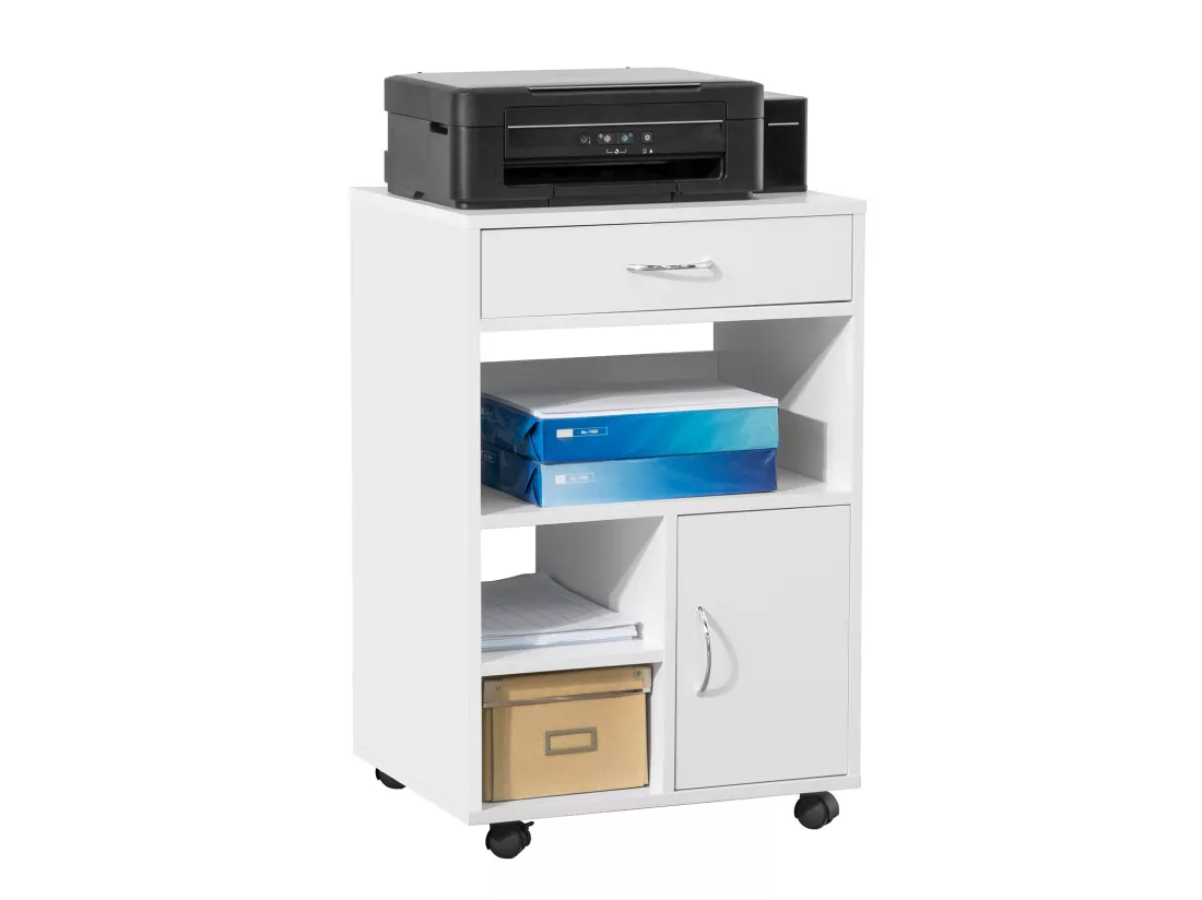 Support Imprimante Roulant Bureau Mobile Caisson Avec Tiroir Et Porte Blanc, Fbt106-w