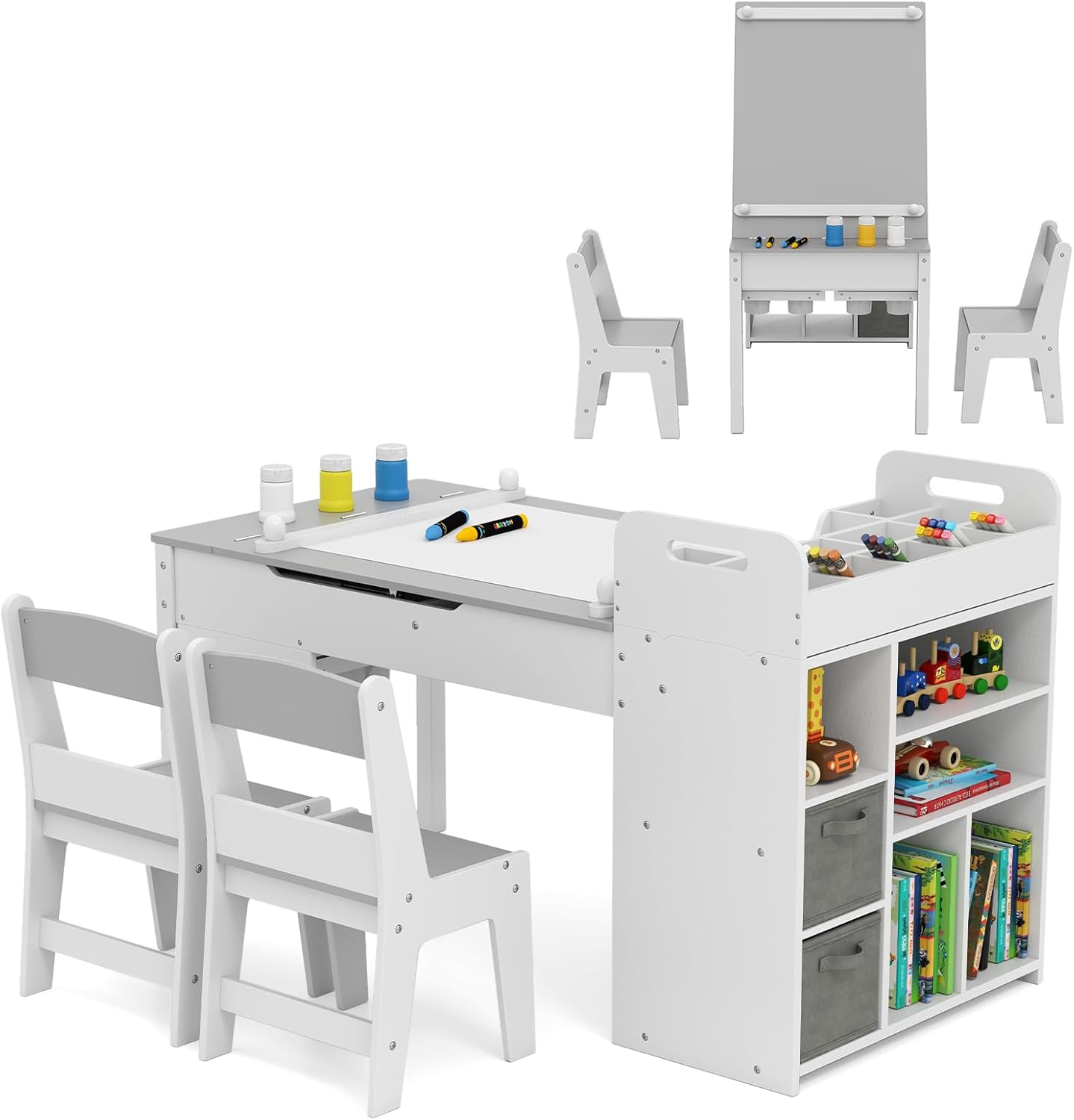 COSTWAY Kindertisch mit 2 Stühlen, 3 in 1 Maltisch+Staffelei Holz mit Stauraum, Kindersitzgruppe mit anhebbarer Tischplatte & abnehmbarem Ablagetablett, Basteltisch Kinder für ab 3 Jahren (Grau)