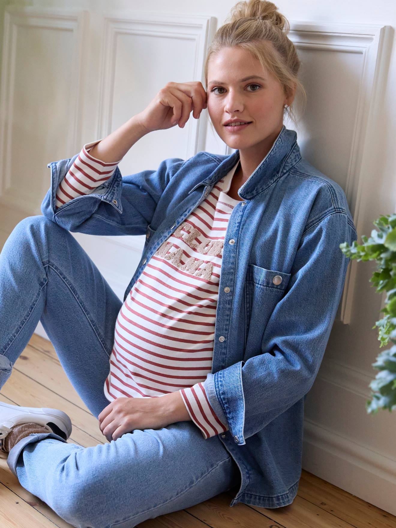 Camisa jeans para gestantes e lactantes, jeans natural