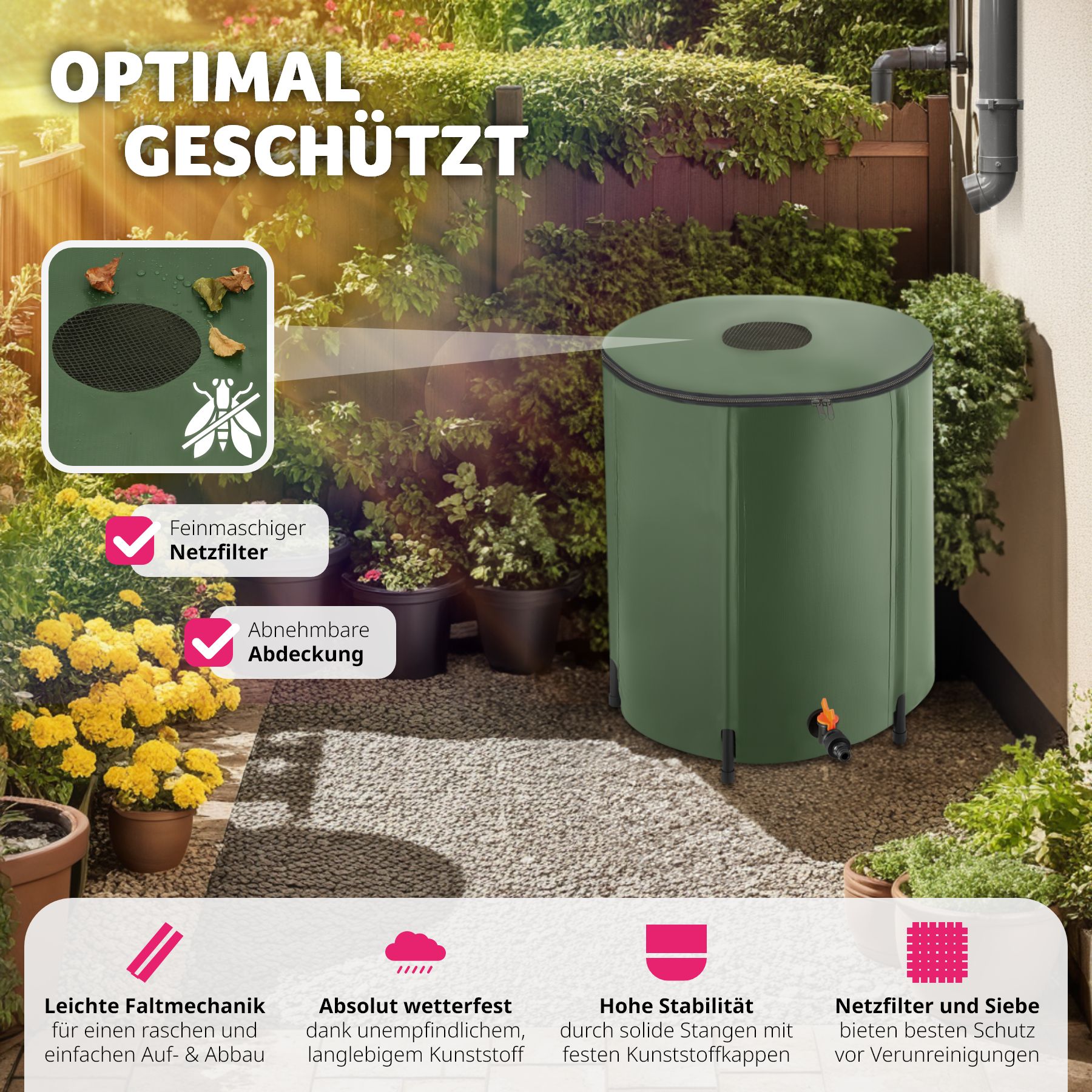 tectake® Regentonne, mit Hahn und Überlaufschutz, wetterbeständig, Oberseite abnehmbar