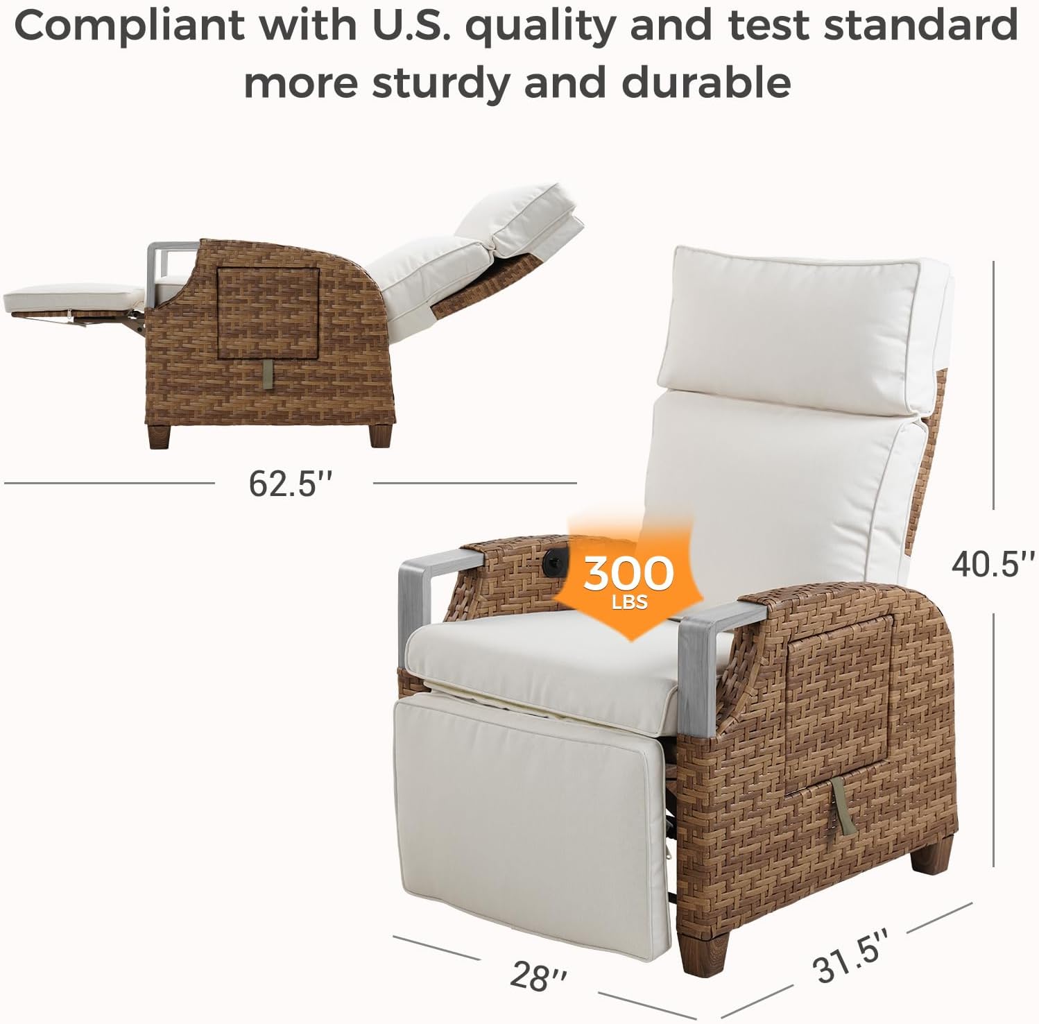 Grand patio Relaxliege Liegesessel mit Sitzkissen, Aluminiumgestell, Armlehnensessel Verstellbare Rückenlehne, Rattan Lehnstühle für Innen (Zwei-knopf-Anpassung -Beige Sitzkissen&Honigbraun Rattan)