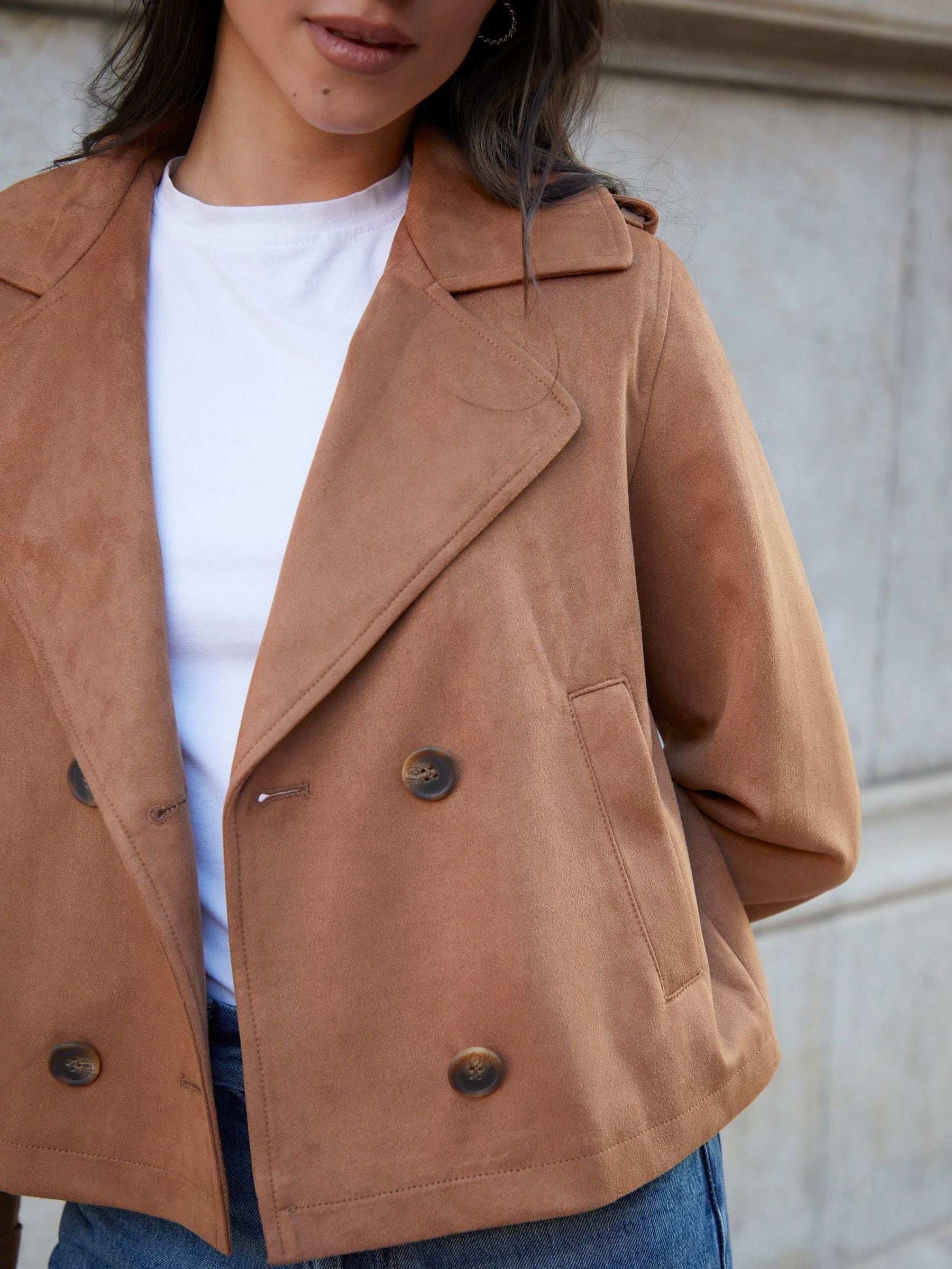 Taupe - Threadbare Suedette Cropped Trench Jacket