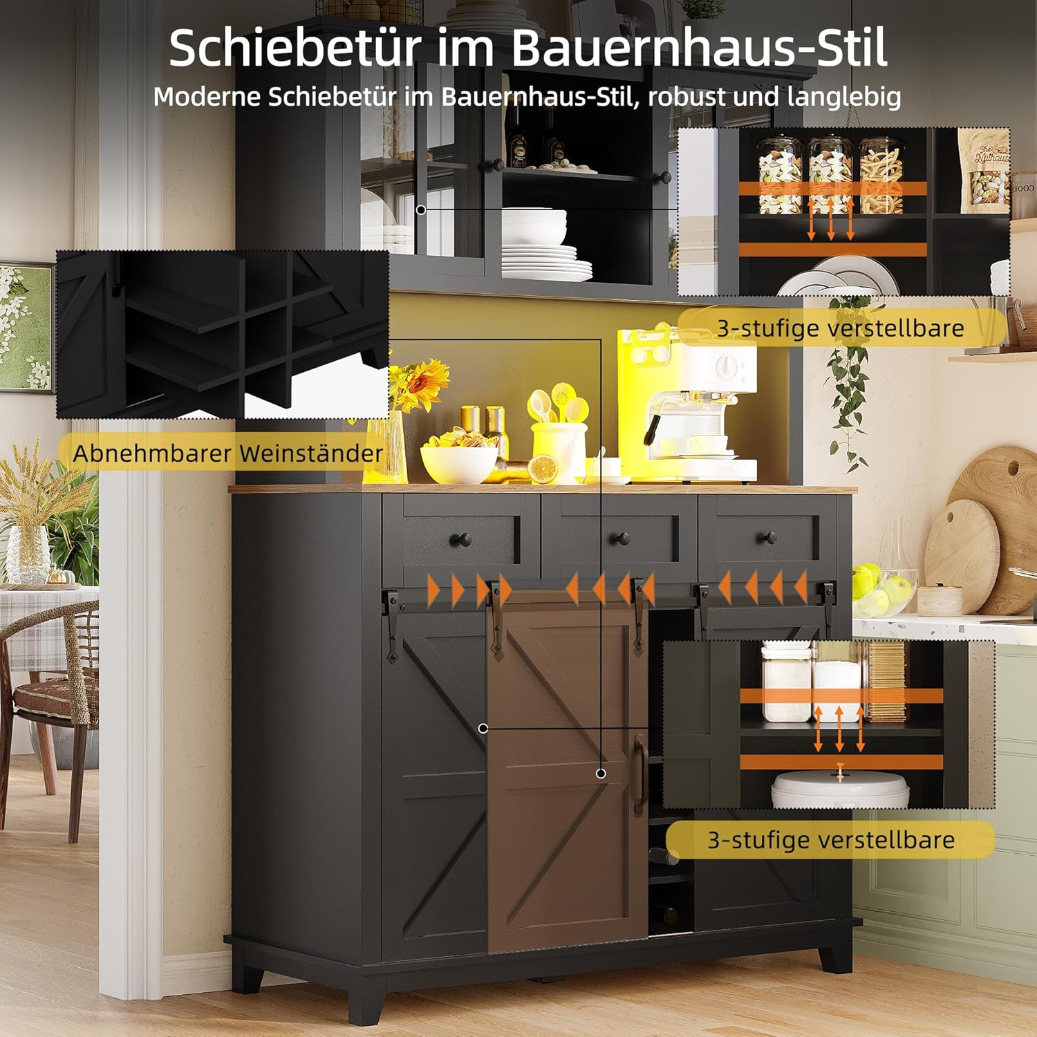 Merax Küchenschrank mit Arbeitsplatte, Hochschrank Küchenbuffet, Buffetschrank mit LED-Beleuchtung, Schubladen und Glas Türen, Verstellbaren Ablagen & Weinregal, Schwarz, 105x38.4x180cm
