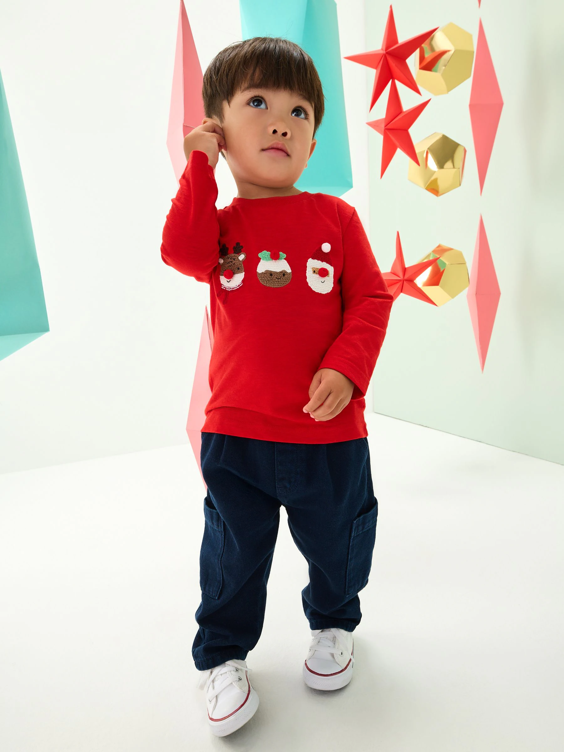 Rode trio-figuurapplicatie - Kerst-T-shirt met lange mouwen (3mnd -8jr)