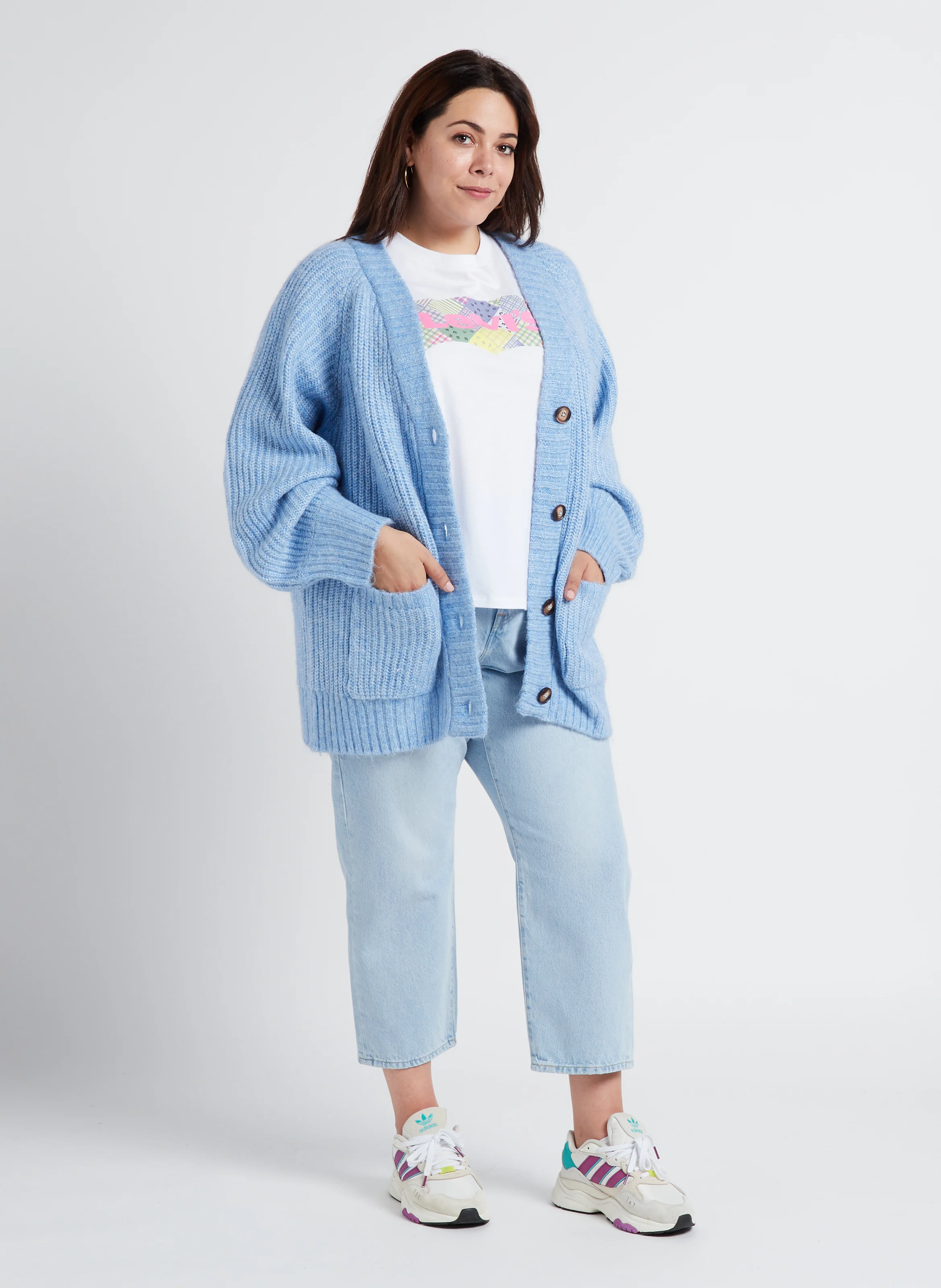 Cardigan oversize col V boutonné | Bleu