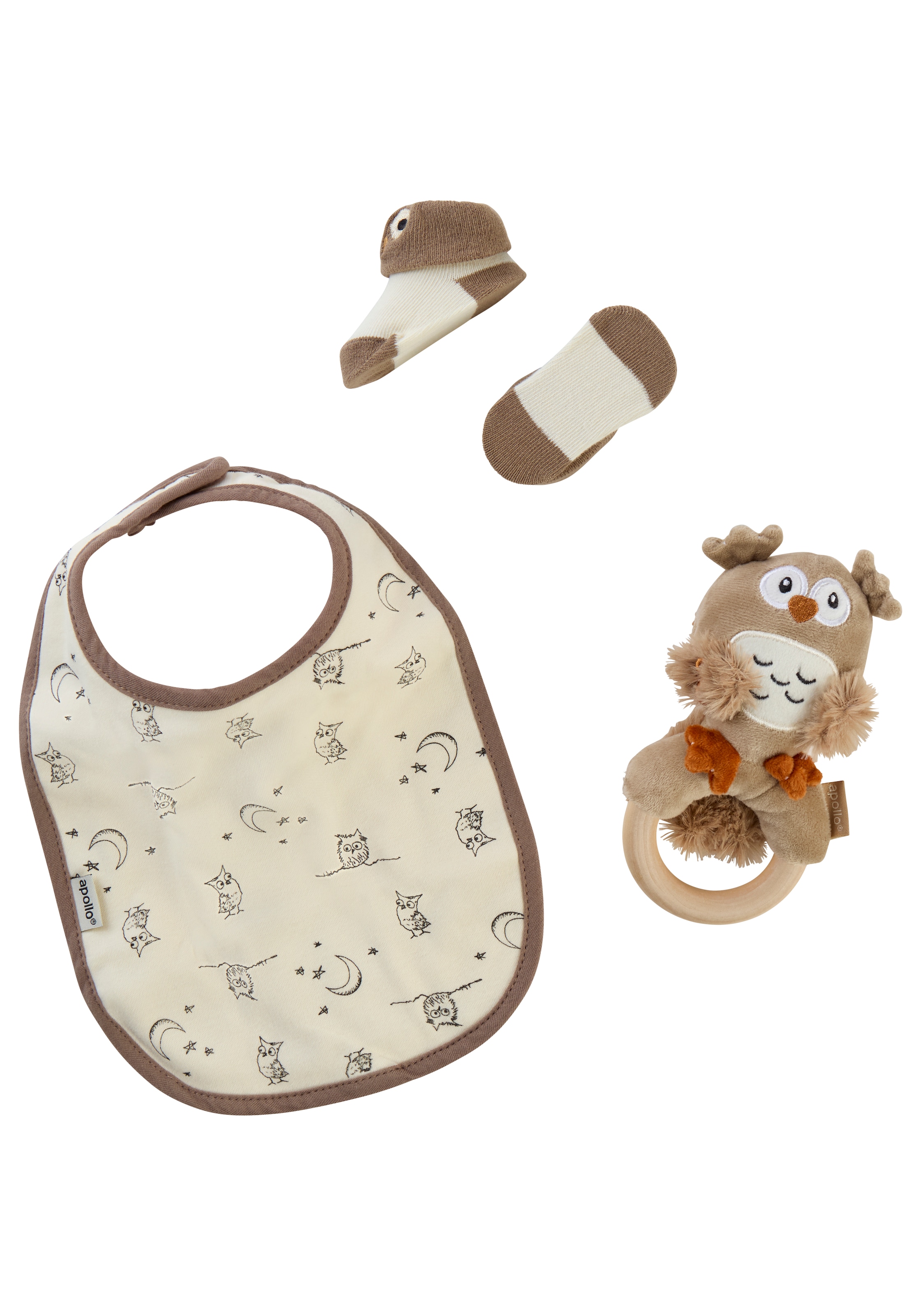Apollo Neugeborenen-Geschenkset , Babyset, Eule, Lätzchen, Ring, Söckchen