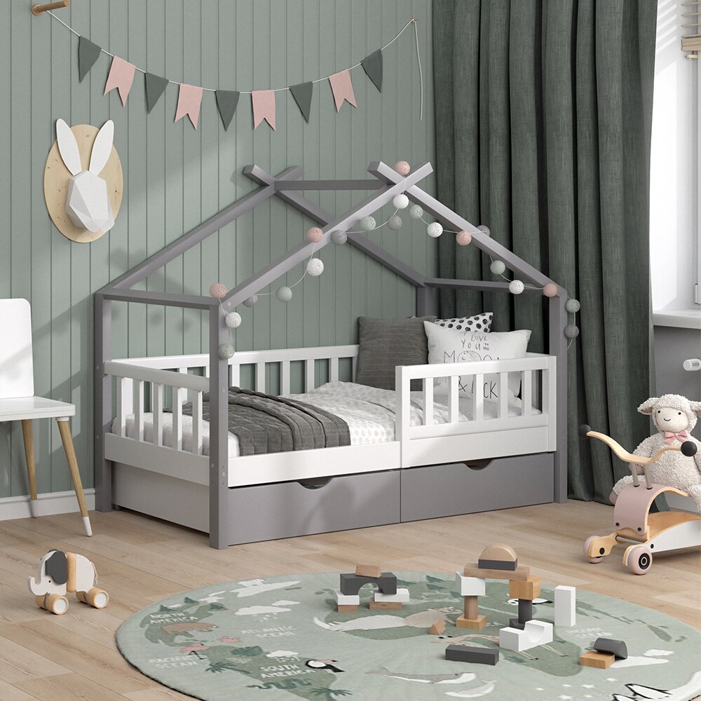 VitaliSpa Kinderbett Hausbett Einzelbett Design Weiß Grau modern 80x160 cm Kinderzimmer Bett Massivholz Lattenrost Schublade Rausfallschutz Schubladenbett Matratze