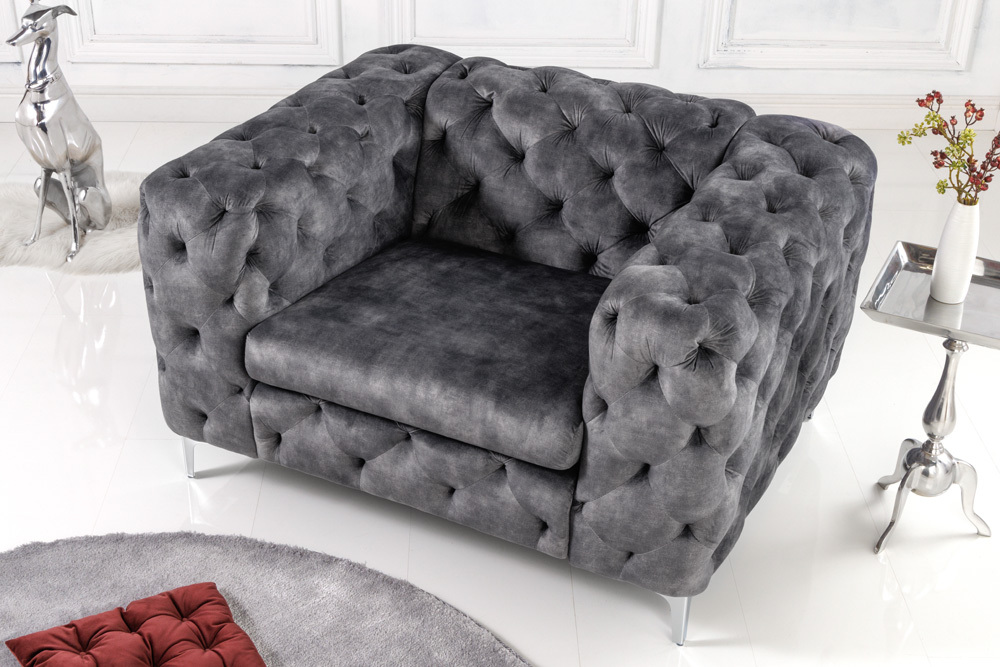 Design Chesterfield Sessel MODERN BAROCK 120cm dunkelgrau Samt