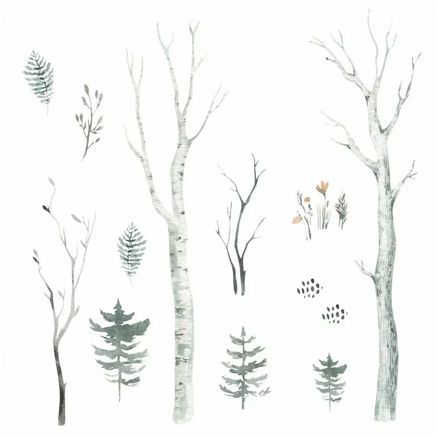 Nikima Wandtattoo 204 Wald Aquarell - Birkenstämme Tannen Zweige in 6 vers. Größen braun
