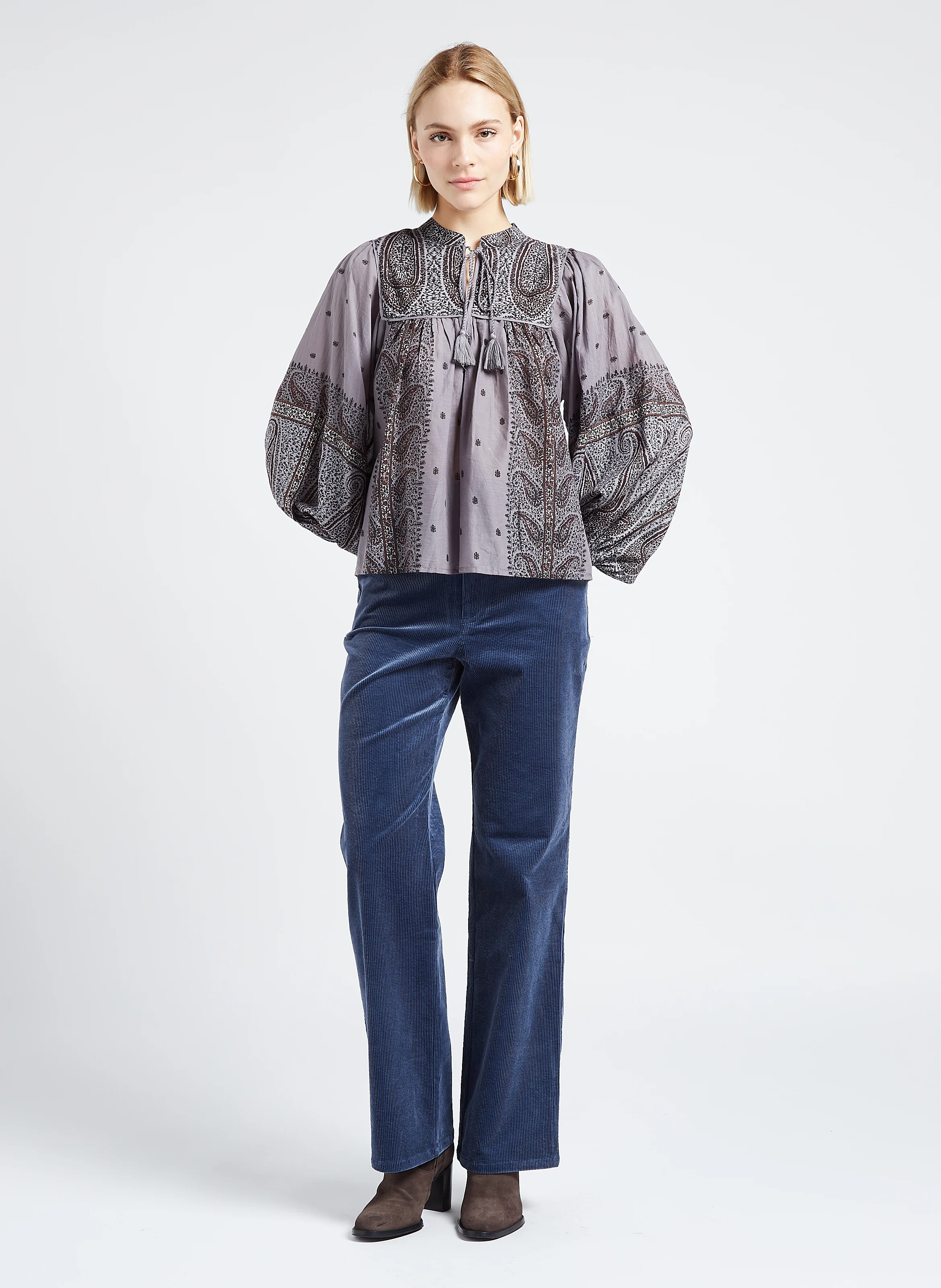 TILDA - Pantalon droit taille haute en coton mélangé | Bleu