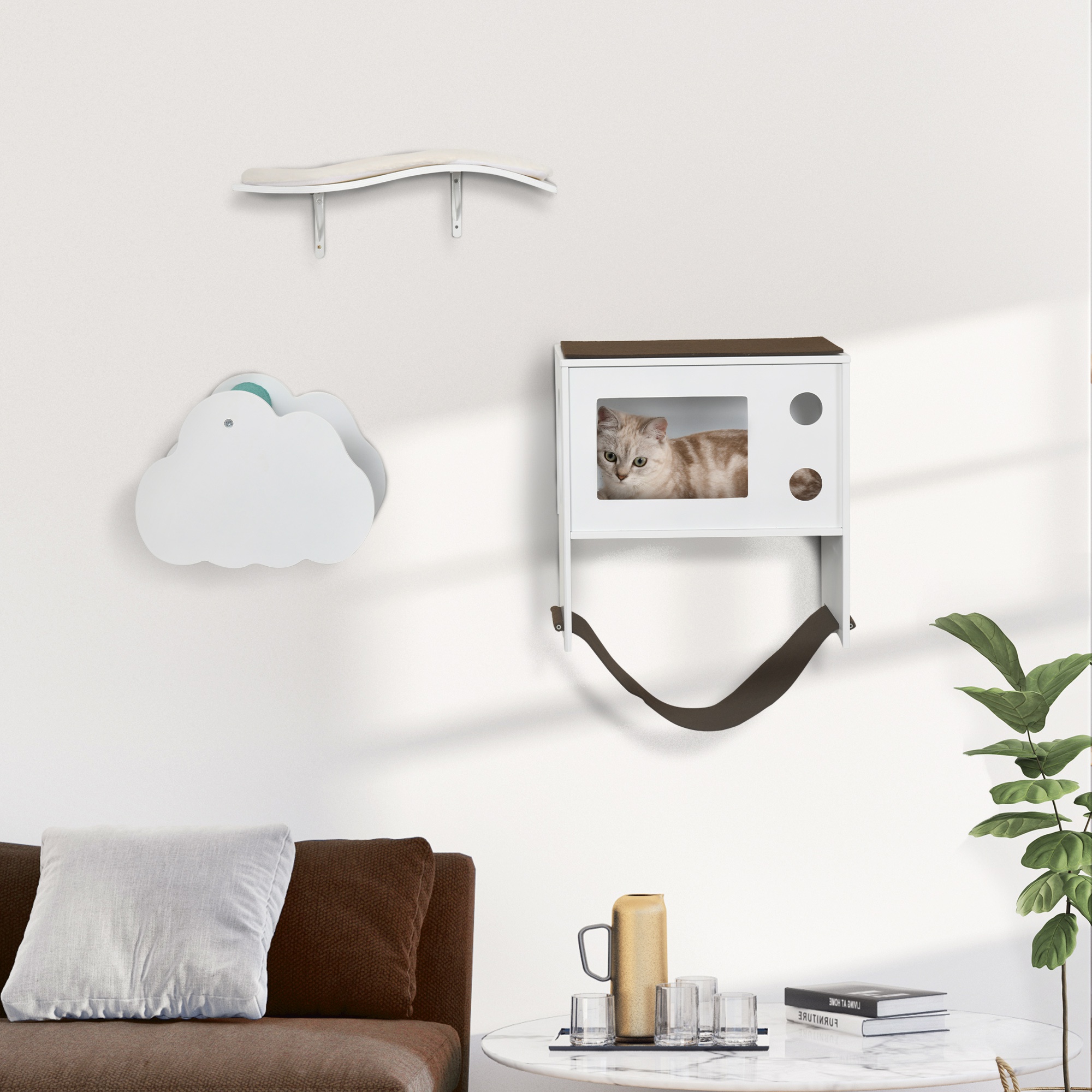 Conjunto de 3 Prateleiras de Parede PawHut para Gatos, Móveis de Parede para Gatos, Centro de Atividades para Gatinhos com Casinha, Plataformas, Rede, Poste de Sisal e Almofadas Macias, Branco