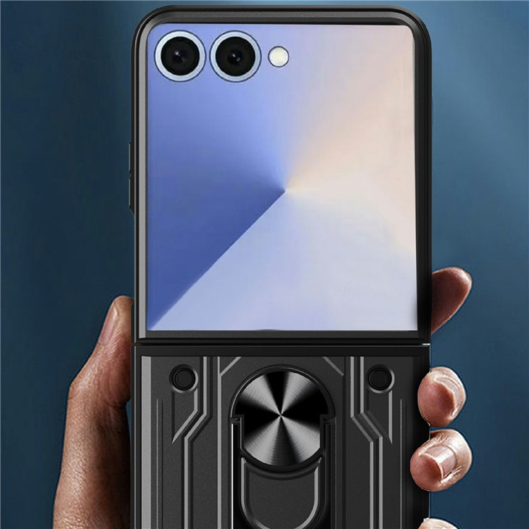 Samsung Galaxy Z Flip7 Hybrid Hardcase Hülle   Magnetischer Kickstand Haltering - Schwarz