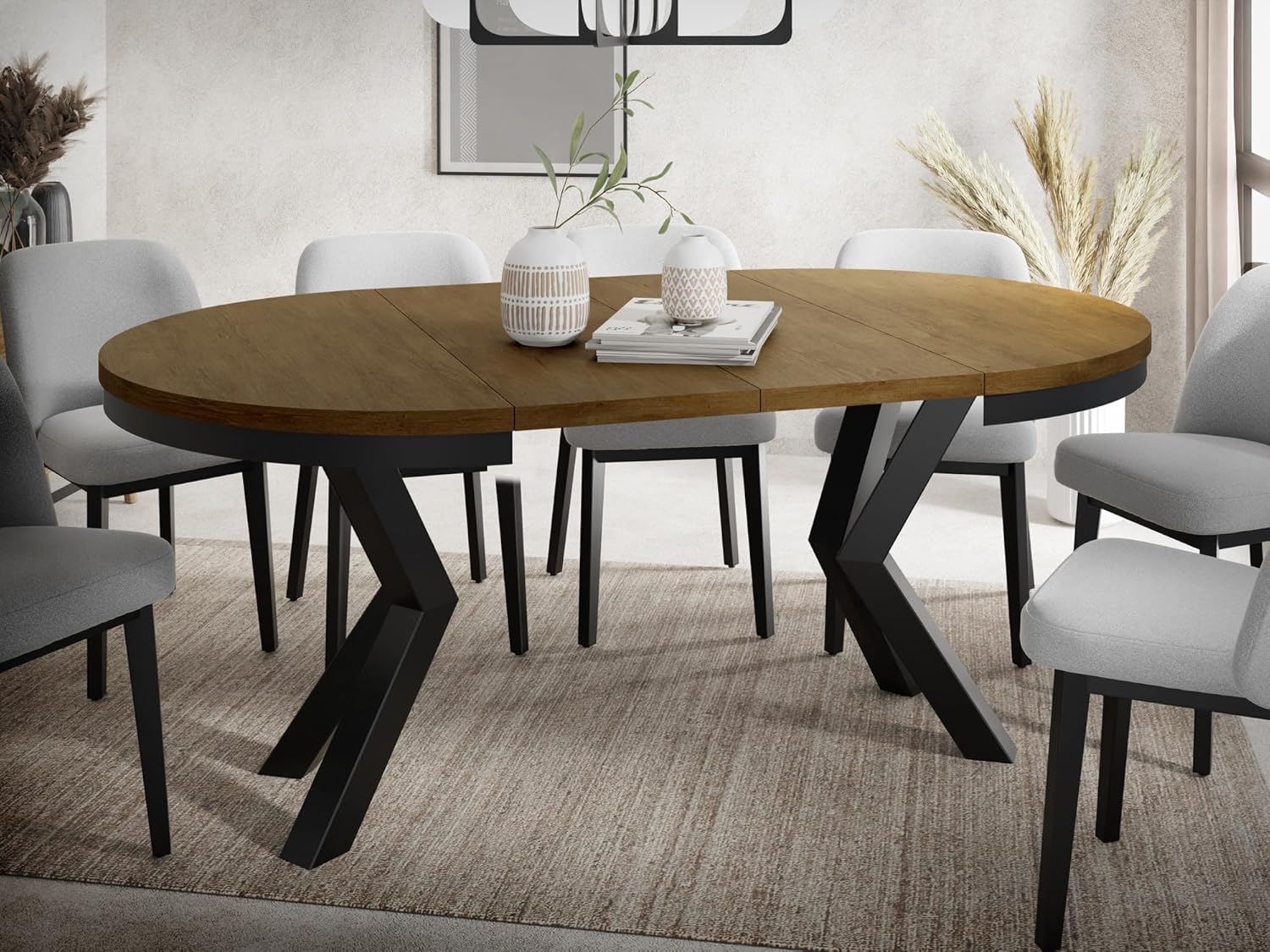 WFL GROUP Runder Ausziehbarer Esstisch im Loft-Stil - Industrieller Tisch mit Schwarzen Metallbeinen - Platzsparender Tisch für Wohnzimmer - Lefkas Eiche - 120 bis 200 cm