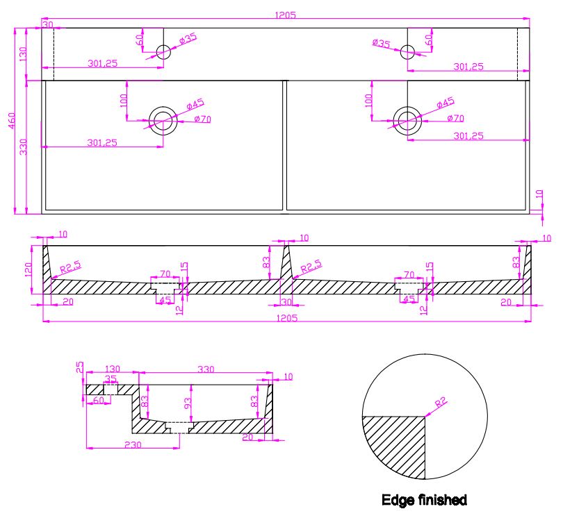 Fontana Dark Emperador badmeubel 120cm mat zwart met ribbelfront met kraangaten