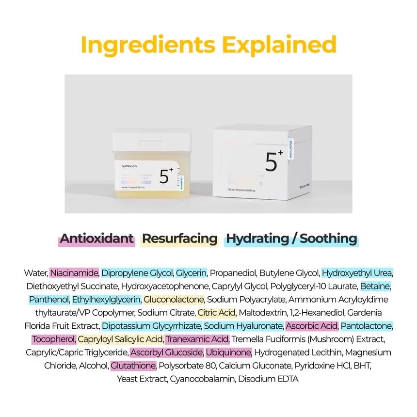 numbuzin - Nr. 5+ Glutathion Vitamine-Niacinamide Geconcentreerde Pad