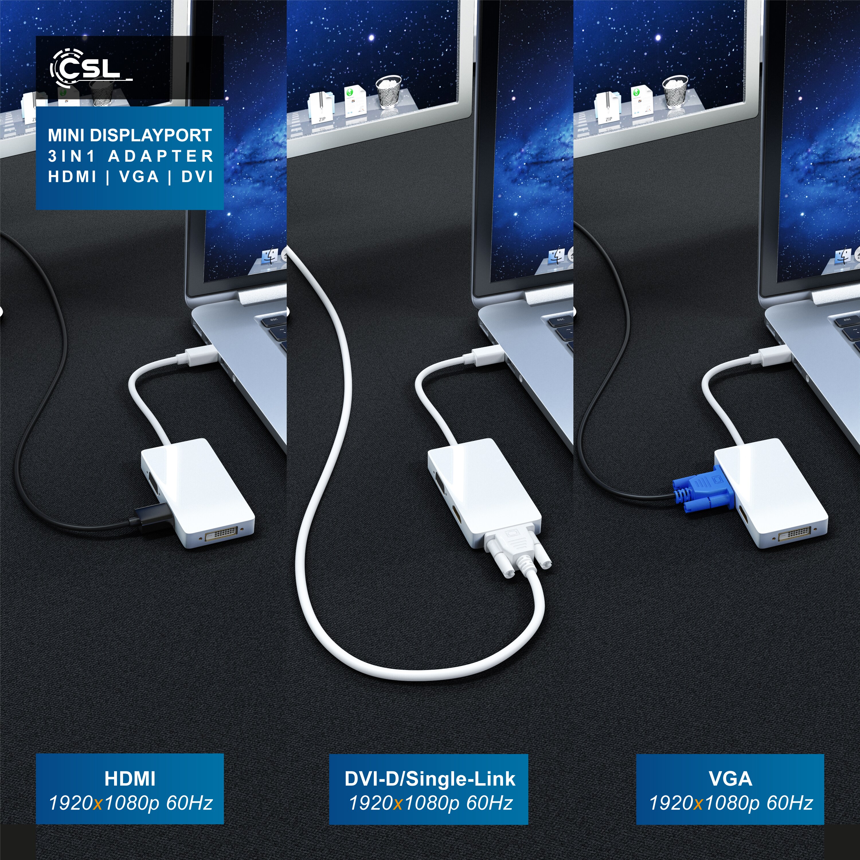 CSL 3in1 Mini DisplayPort zu HDMI, DVI, VGA Adapter Konverter, miniDP 1.2 4k 3840x2160 UHD 2160p, 0,15m