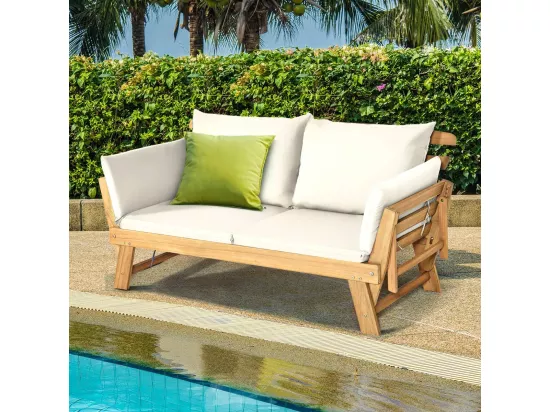 Canapé Lit de Jardin Convertible 2 en 1, Chaise Longue en Bois d'Acacia Certifié FSC Convertible avec Coussin, avec Accoudoir Réglable, Méridienne Extérieure, 198 x 75 x 75 cm, Blanc