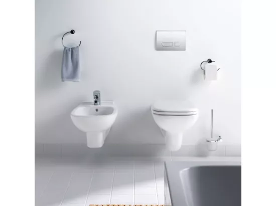 Pack WC suspendu sans bride DURAVIT D-code avec abattant frein de chute synthétique + bati support SIAMP + Plaque de commande chromée