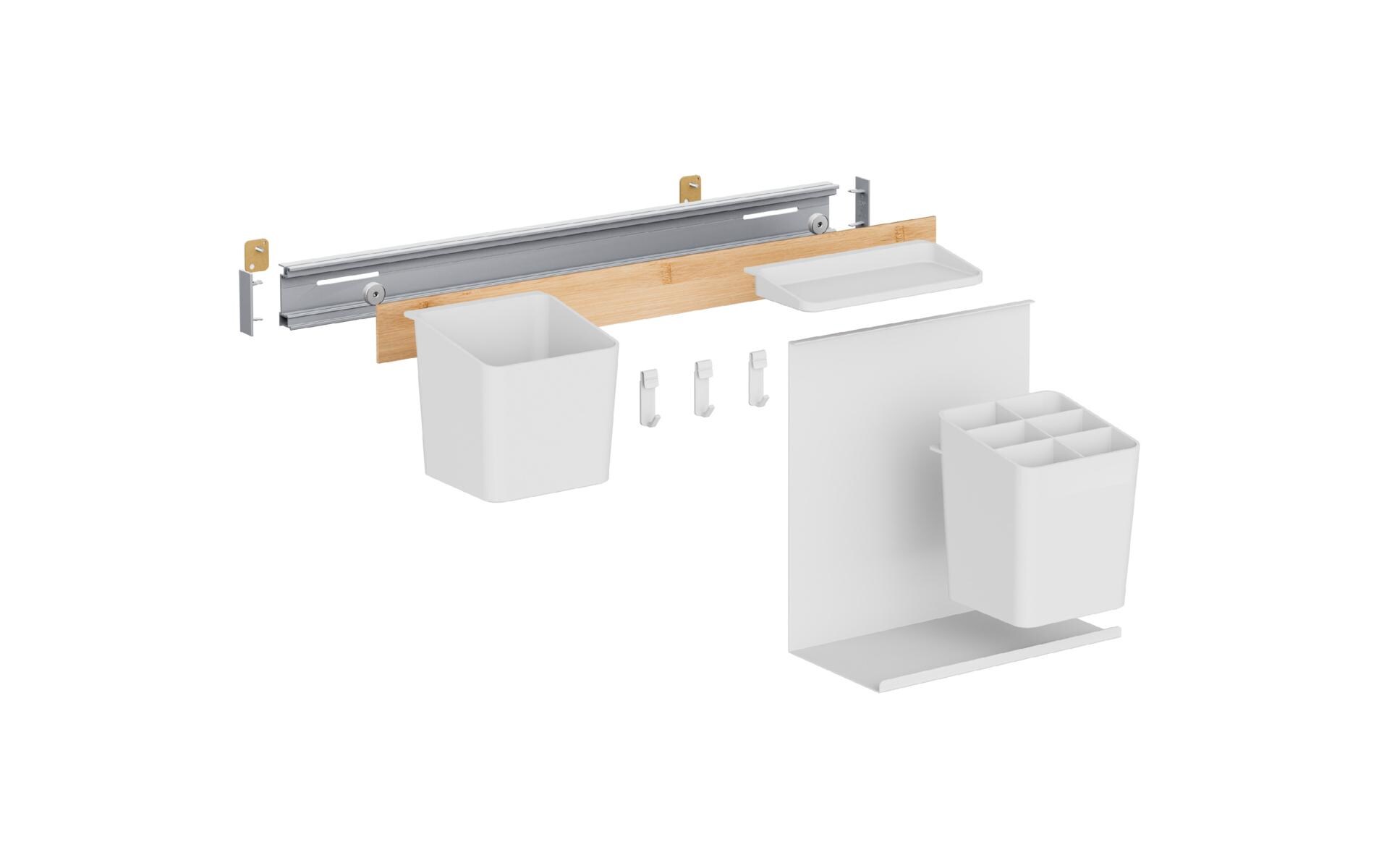 Kombi Set M Bambus/Weiss<br>Selbstklebende Leiste mit Topf, Ablagen, Utensilienbox und Haken