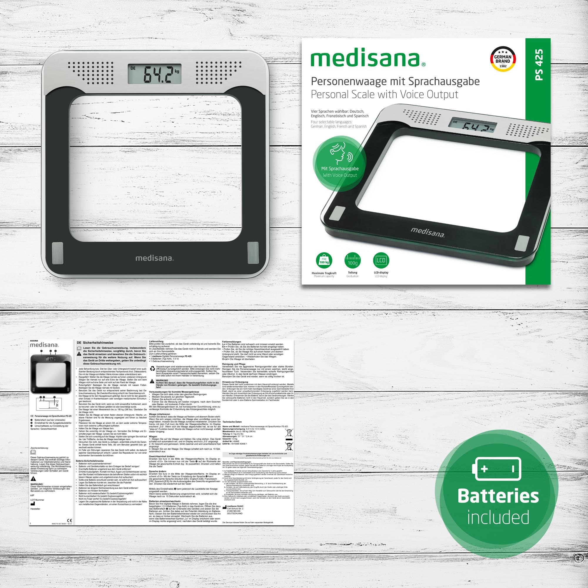 Medisana Personenwaage »PS 425« Leicht lesbares LCD-Display mit Sprachausgabe in 4 Sprachen