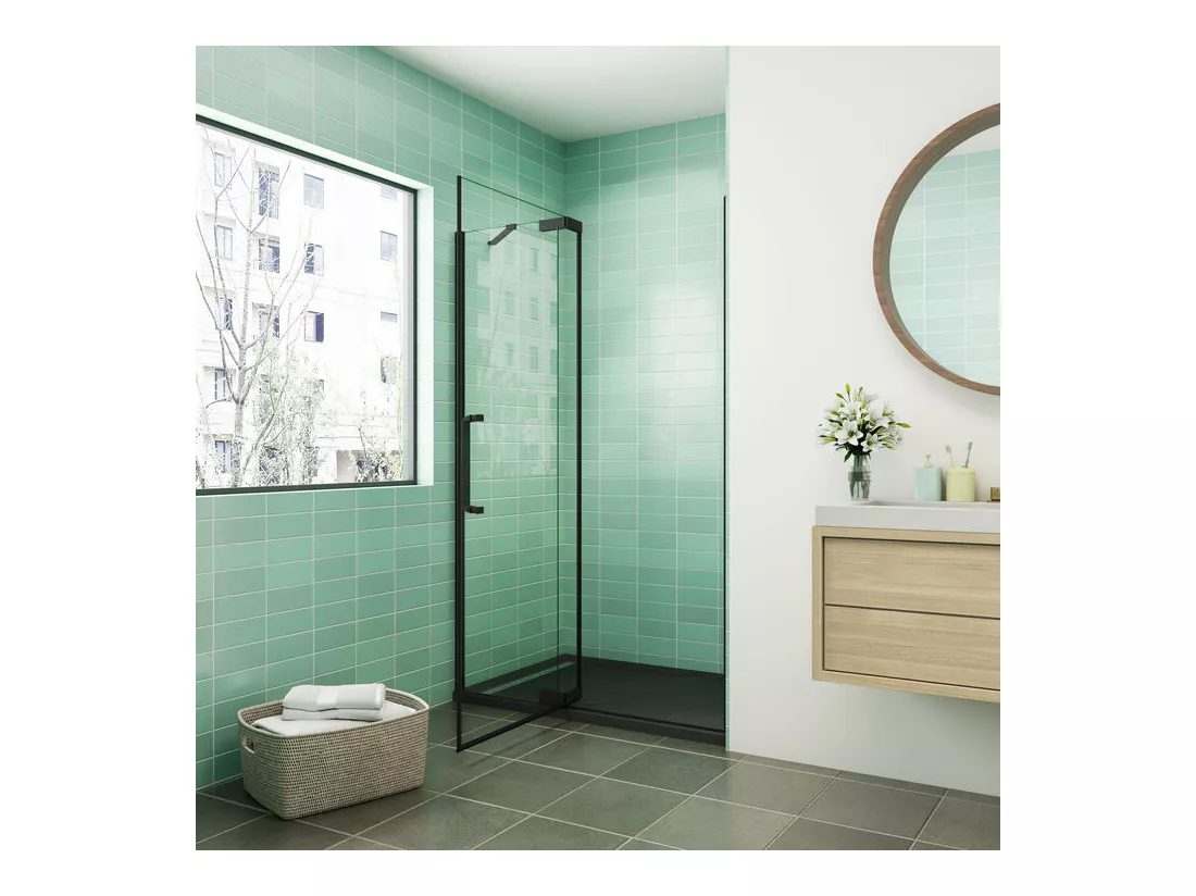 Porte de douche pivotante 100x195cm - Noir Mat - Verre 8mm verre securit anticalcaire