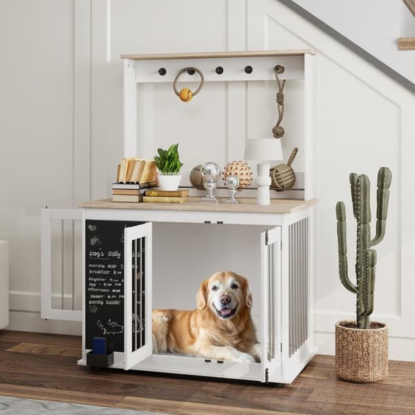 Hjem Hundebur Hundebur med 3 dører Lekeoppbevaringsstativ Hundehus med kroker Skrivebrett viskelær for store hunder Hvit