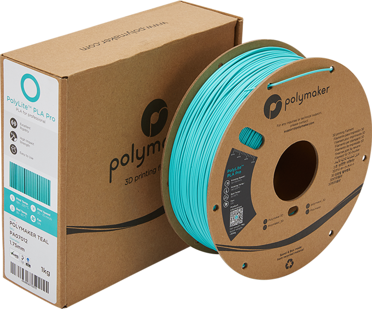 Polymaker  PolyLite PLA PRO Teal, 1,75 mm (1.000 g)    PLA Filament mit exzellenten Eigenschaften für FDM Drucker