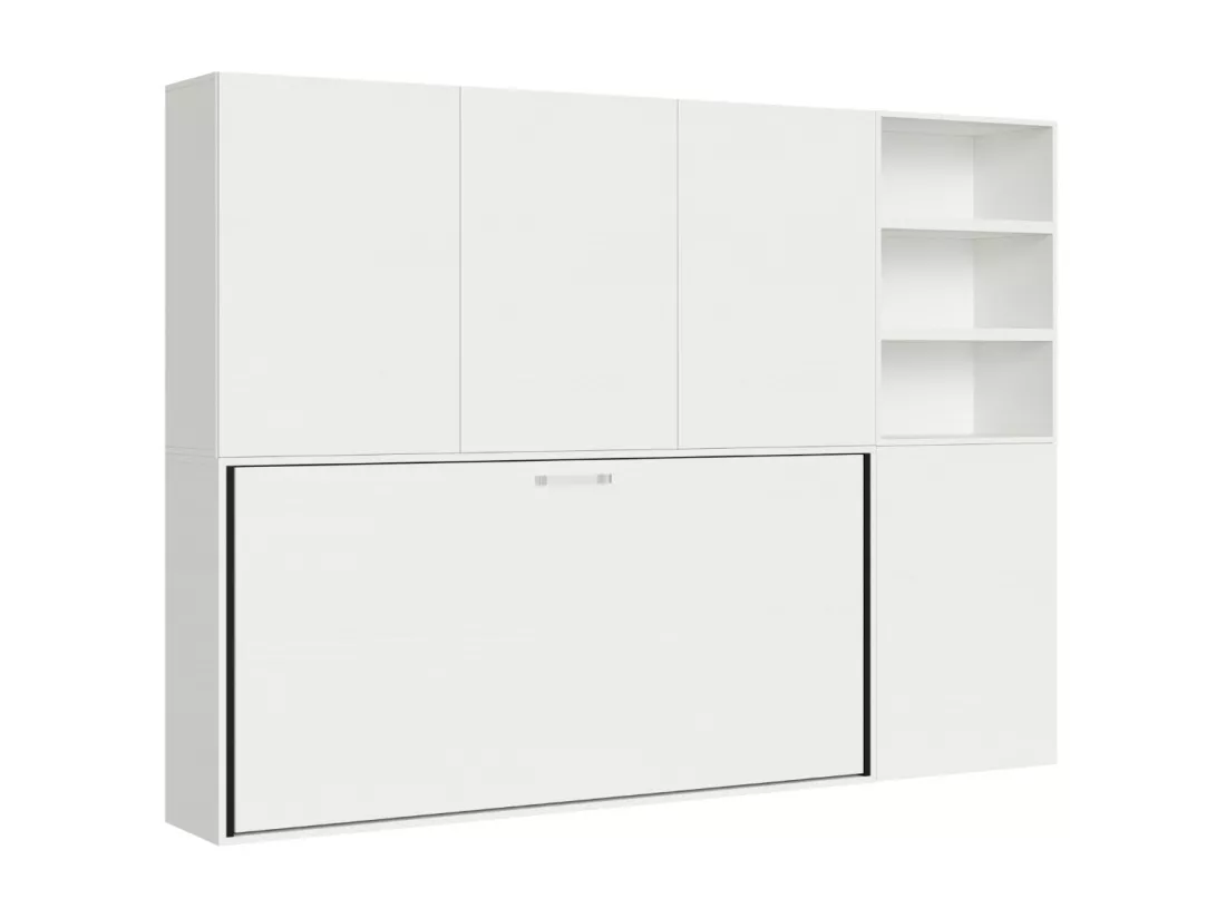Lit escamotable horizontal blanc Bounto 85x185 avec rangement et bibliothèque composition F-