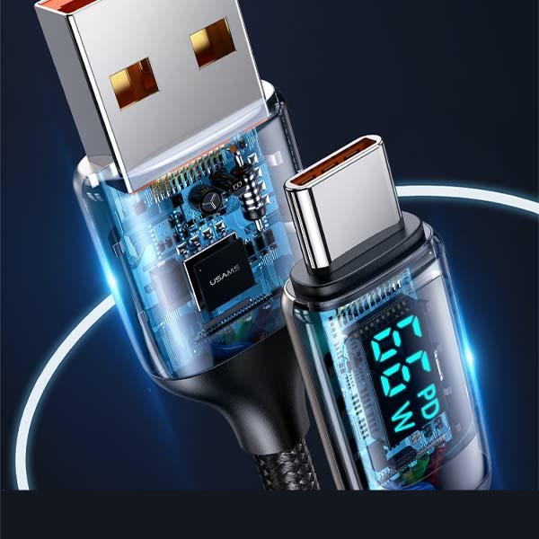 (1.2m) 66W USB C auf USB C Nylon Ladekabel Fast Charging PD Datenkabel mit Spannungs Anzeige (USA001035) - Silber